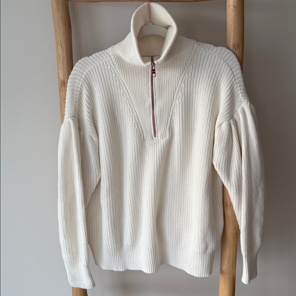 525 America Ivory Cable Knit Fold Collar Half Zip Drop Puff Sleeve Sweater S - Picture 6 of 11